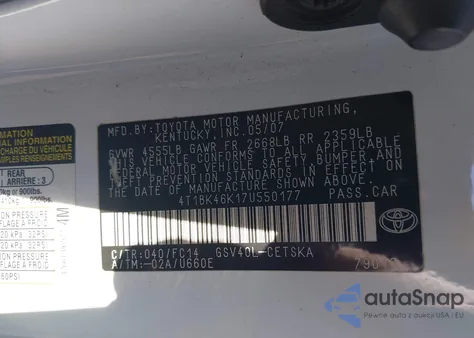 2007 Toyota Camry Se V6 from USA, damaged, VIN 4T1BK46K17U550177